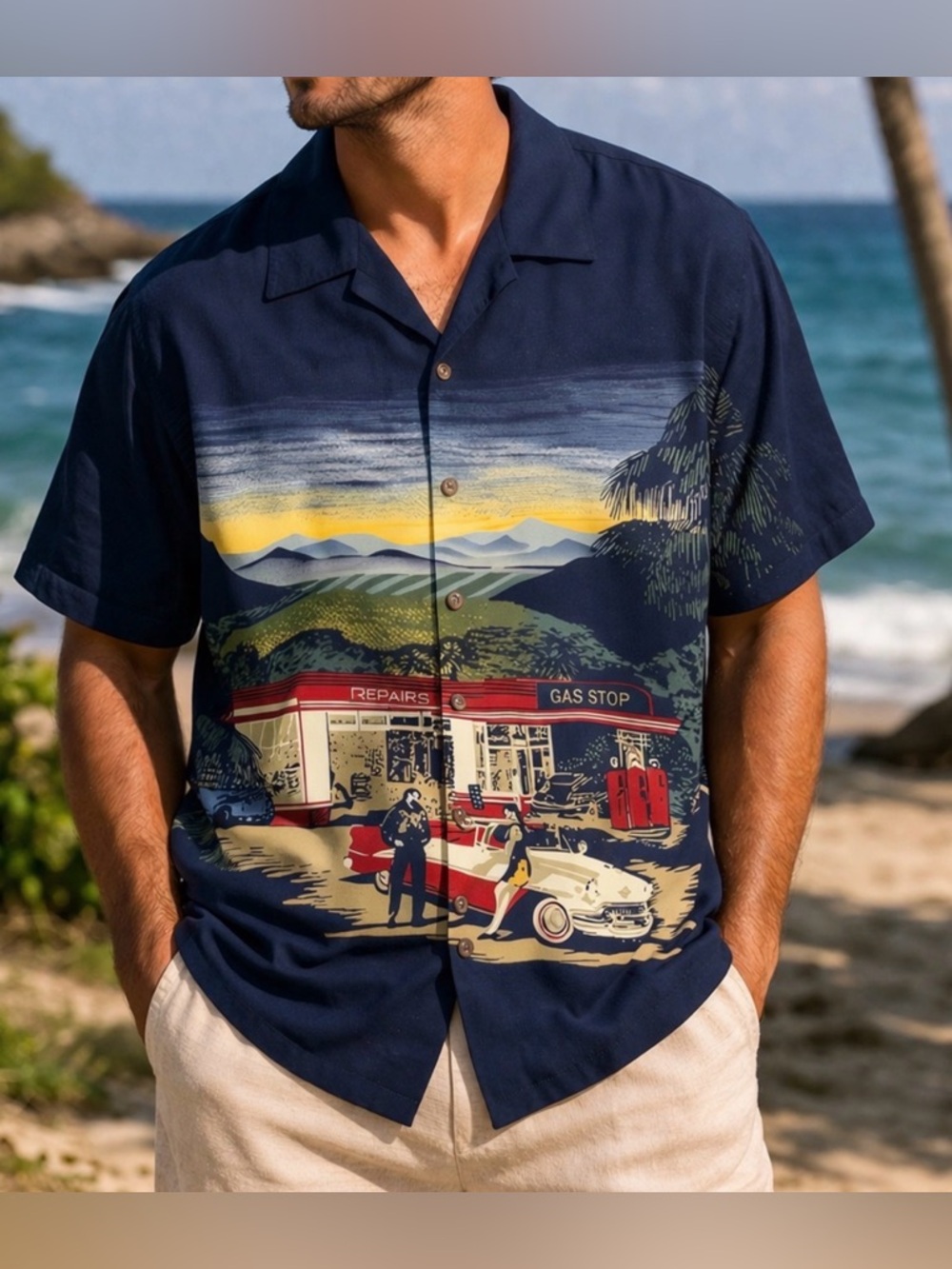 🌴Nature Issue Hawaiian Button-Up | Men’s XL/XG | 100% Rayon | Retro Gas Station